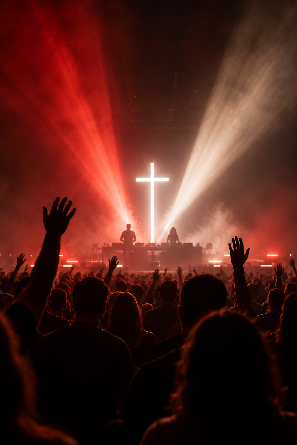 Imagem conceitual gerada por IA: público com mãos erguidas diante de uma cruz e luzes vermelhas e brancas em um palco de música eletrônica